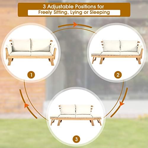 Tangkula Convertible Acacia Wood Patio Sofa Bed with Adjustable Armrest