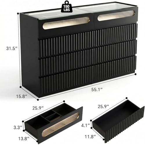 senlin Fluted 8 Drawer Dresser,Modern Chest of Drawers,Black