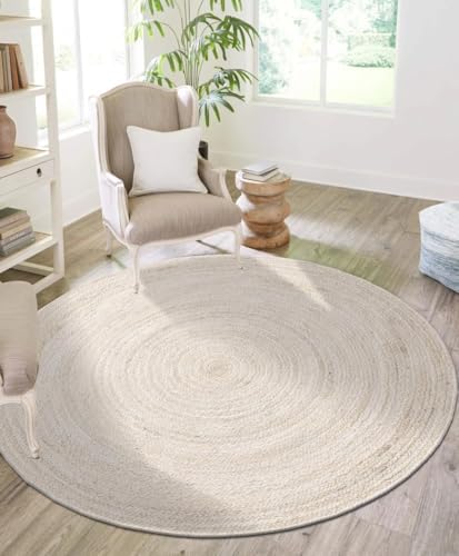 FRELISH DECOR Handwoven Jute Area Rug - Off-White Round Rustic Vintage Braided Reversible Rug - Eco Friendly Rug for Bedroom - Kitchen - Living Room - Farmhouse (8' Round - Off-White)