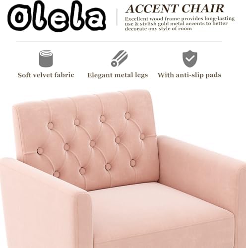 Olela Accent Chair with Arm for Living Room, Velvet Modern Armchair, Pink