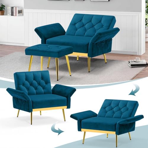 Velvet Accent Chair w/Ottoman & Adjustable Backrests, Teal
