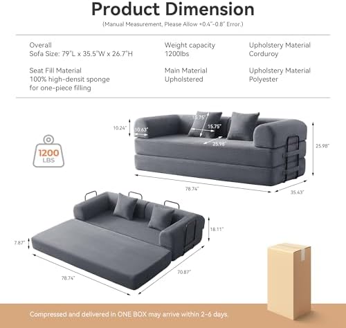 79" Convertible Sofa Bed, Boneless Couch for Living Room (Dark Gray)
