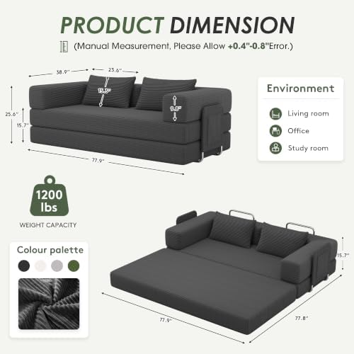78" 5-in-1 Convertible Futon Sofa Bed, Boneless Couch for Living Room
