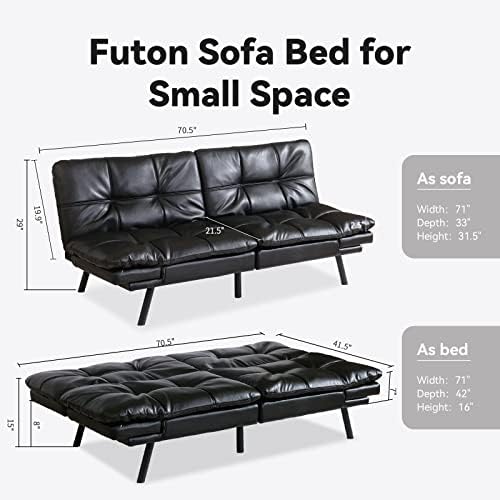 Opoiar Futon Sofa Bed Couch with Frame and Mattress,Black Faxu Memory Foam Le...