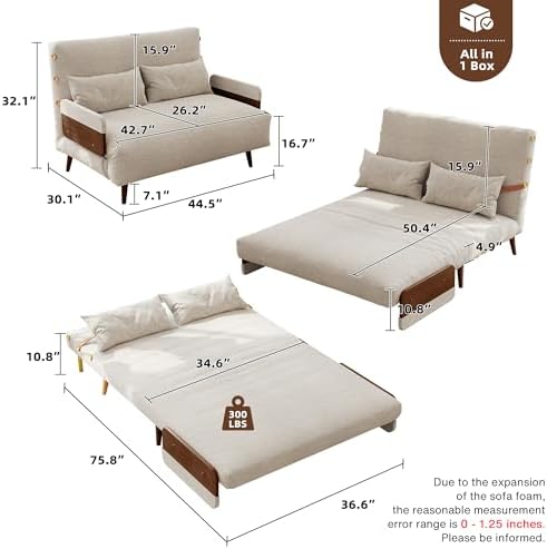 JASIWAY 3-in-1 Convertible Sleeper Chair, 45" Sofa Bed with Walnut Armrest