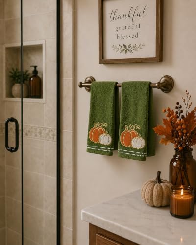 Fall Farmhouse Green Bathroom Hand Towels , Orange & Gold Pumpkins, 16"x25" | Set of 2, 100% Cotton, Embroidered Harvest Design, Fancy Trim, Perfect for Parties & Gifts, Kitchen & Bath Decor Accent