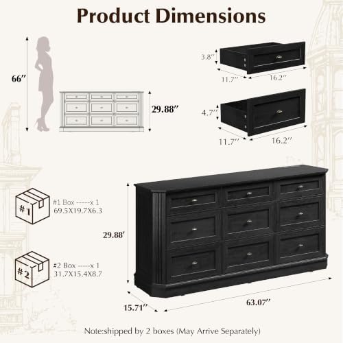 Farmhouse 9 Drawers Black Dresser for Bedroom, 63.07" Wide Chest of Draw...
