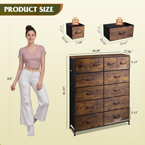 WLIVE 12 Drawer Tall Fabric Dresser Bedroom Storage Chest, Rustic Brown