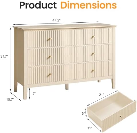 RoyalCraft Beige 6 Drawer Dresser, Fluted Modern Wood Chest of Drawers, Long ...