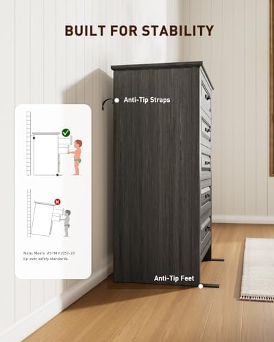 Amada Farmhouse 5 Drawer Dresser, Wood Dresser with Natural Texture, Gray