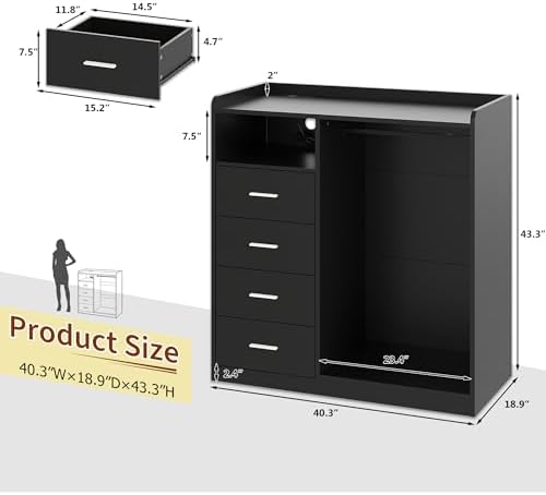 Garvee Dresser with Hanging Rack for Bedroom, 4 Drawer Dresser with LED Light...