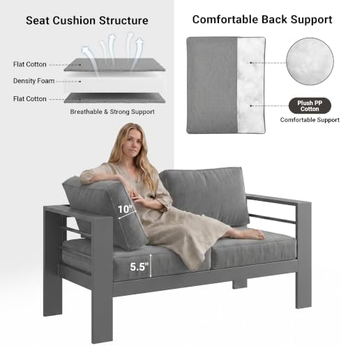 Aluminum 2Pcs Outdoor Patio Chairs, Patio Sofa with 10" Back Cushion, Grey