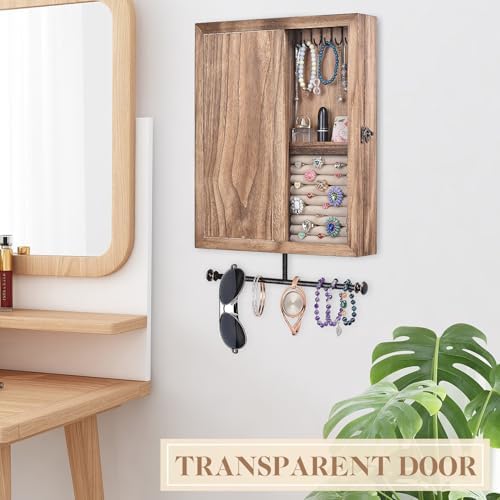 Keebofly Wall Mounted Jewelry Organizer Box Rustic Wood Large Space Jewelry C...