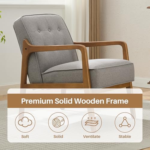 SOFTHION Linen Mid Century Modern Chair with Solid Wood Frame, Grey