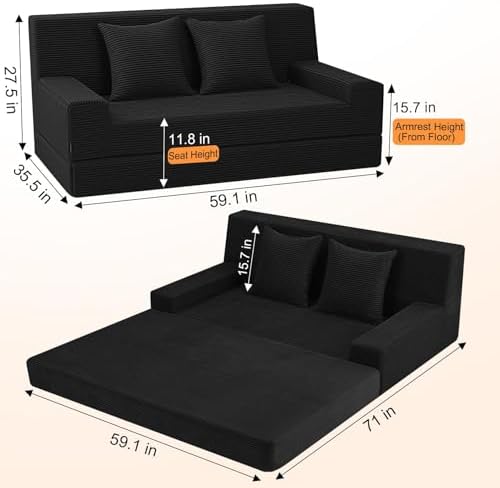 MeMoreCool 59" Boneless Couch Bed, Loveseat Futon Sofa, Small Space, Black