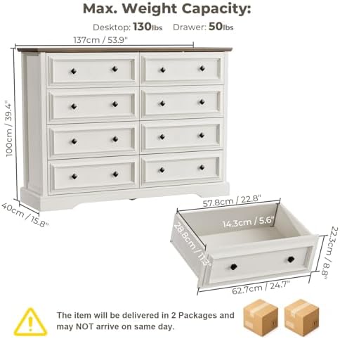 VVFLU Farmhouse 8 Drawer Dresser for Bedroom, 54" Wide Wood Dresser with...