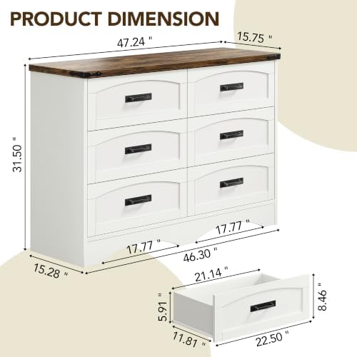 Decofy 47" Farmhouse 6-Drawer Dresser for Bedroom, Pure White + Walnut