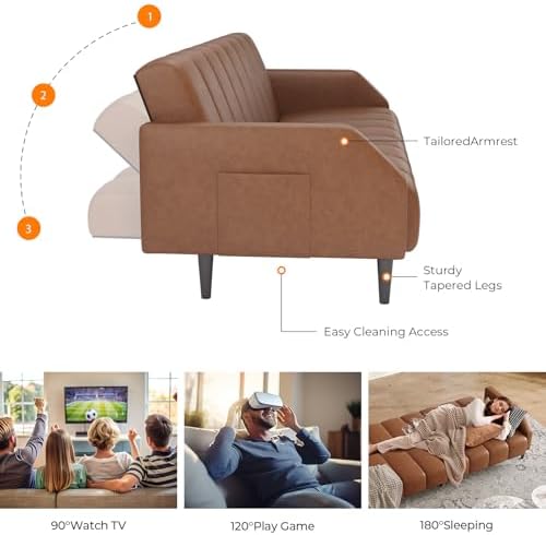 Fadware Faux Leather Couch, Convertible Futon Sofa Bed with Adjustable Backre...