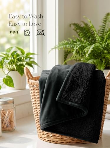 Utopia Bedding Reversible Plush Sherpa Blanket Queen Size Black, 90x90 Inch
