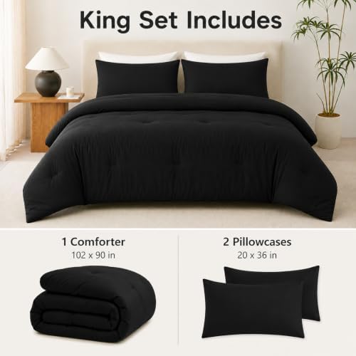 CozyLux King Comforter Set, 3 Pieces Down Alternative Bedding, Black