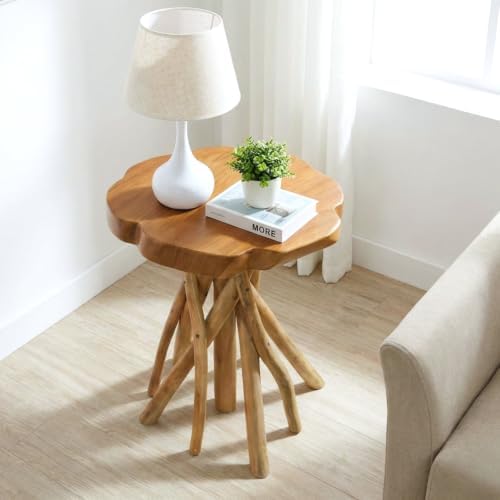 WELLAND Solid Teak Live Edge End Table, Petal Accent Table