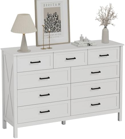LYNSOM Farmhouse 9 Drawer Dresser for Bedroom, 55 Inch Wide Wood Rustic Chest...