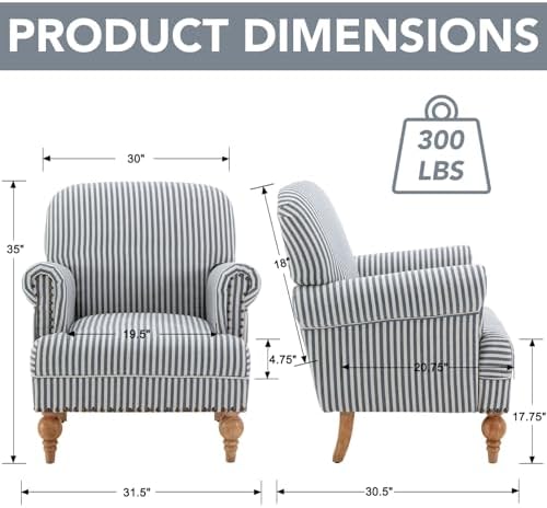 Blue Striped Linen Fabric Accent Chair, Coastal Upholstered Armchair with Nai...
