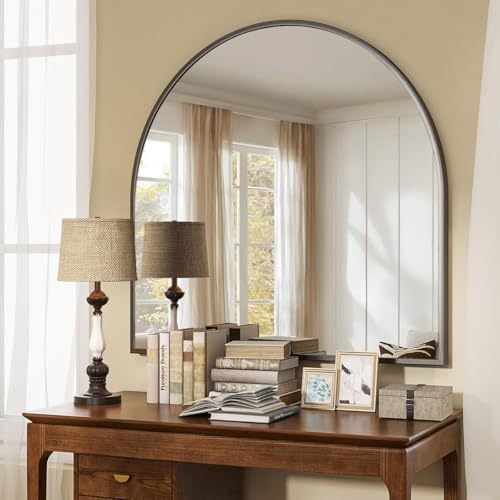 VooBang Wide Arched Wall Mirror, 31 x 32 inch Arch Bathroom Mirror Black