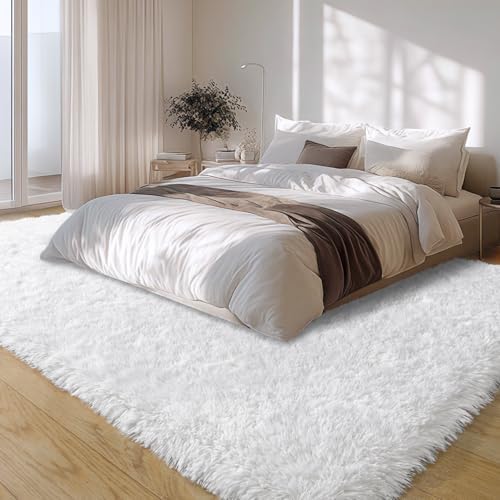 8x10 Large Area Rugs for Living Room, White Fluffy Shag Rug