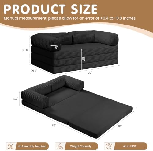 Convertible Sofa Bed Queen,5-in-1 Tri-Fold Boneless Couch with Removable Armr...