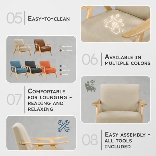 Lexicon Mid Century Modern Accent Chair, Natural Wood Frame, Light Brown