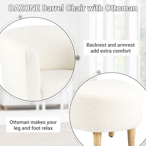 DAZONE Sherpa Accent Chair with Ottoman White Fluffy Teddy Barrel Armchair