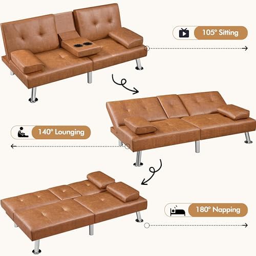 Yaheetech Convertible Futon Sofa Bed Loveseat with Cup Holder, Brown