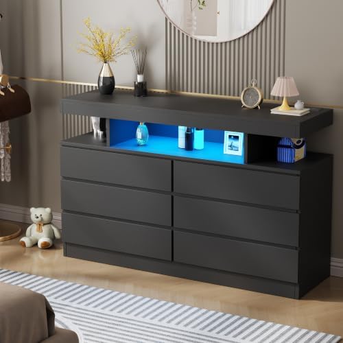 BEWISHOME Black Dresser for Bedroom with Charging Station and LED Lights