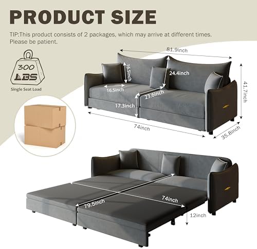 KEIKI 81.9" 3-in-1 Convertible Sofa Bed, Modern Velvet Sleeper Couch wit...