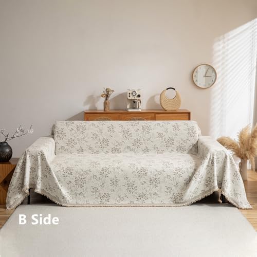 VClife Vintage Floral Bohemain Couch Cover, Soft Breathable Chenille Sofa Cover for Sectional Sofa L Shape, Modern White Taupe Botanical Sofa Slipcover Futon Cover for 2 Cushion Couch Sofa 71''x118''