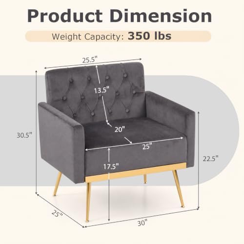 Giantex Modern Velvet Accent Chair, Upholstered Single Sofa Chair (Grey)