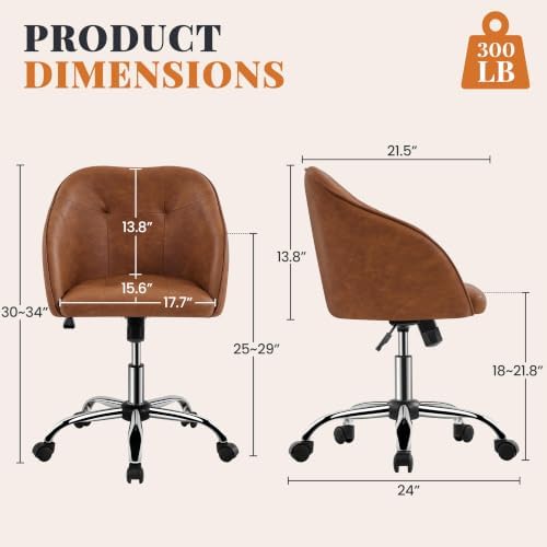 Yaheetech Faux Leather Vanity Chair with Wheels, Tufted Seat, Retro Brown