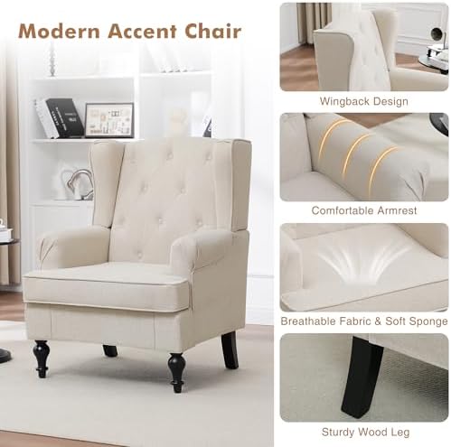 Accent Chair for Living Room, Mid Century Modern Upholstered Armchair, Wingba...