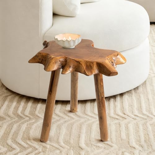 Natural Teak Wood Live Edge Side Table with Wood Legs – Rustic Side Table for...