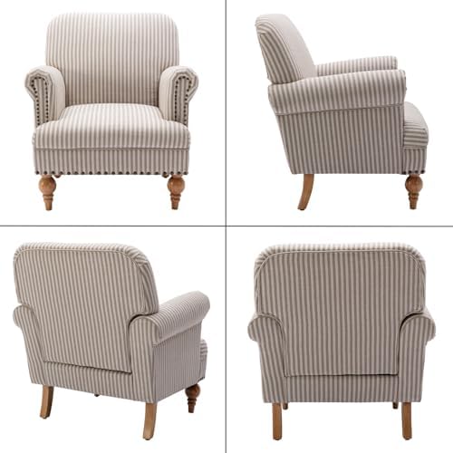 Khaki Striped Linen Fabric Accent Chairs Set of 2, Modern Farmhouse Upholster...