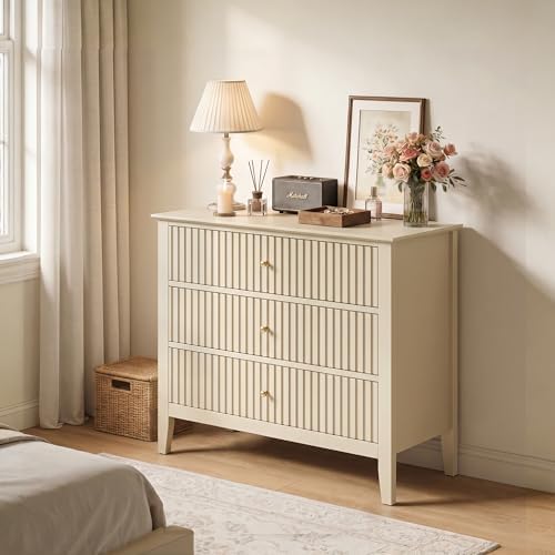RoyalCraft Fluted 3 Drawer Dresser, 32" Wide Nightstand for Bedroom, Beige