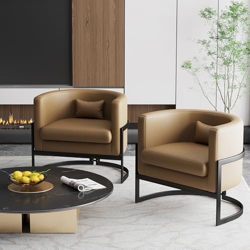 Alunaune Upholstered Modern Living Room Chairs Barrel Accent Chair, Faux Leat...