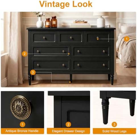 RoyalCraft 7 Drawer Dresser for Bedroom, 53" Wide Vintage Chest of Drawers