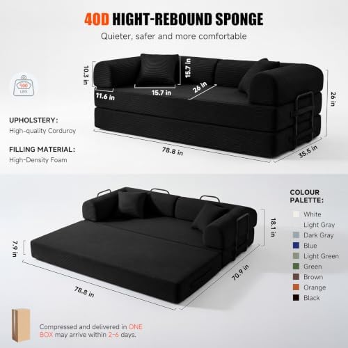 79" Memory Foam Sofa Bed, Convertible Futon Boneless Couch for Living Room
