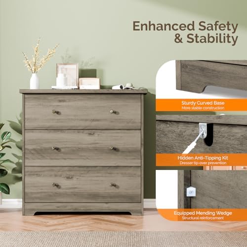 VINGLI 3 Drawer Dresser with Charging Station, Small Dresser Grey Chest of Dr...