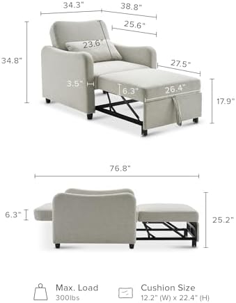 mopio Sophie Sleeper Chair, Sofa Bed, Accent Chair (Light Gray Fabric)