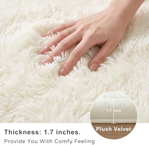 8x10 Ft Cream White Fluffy Area Rug for Living Room, Washable