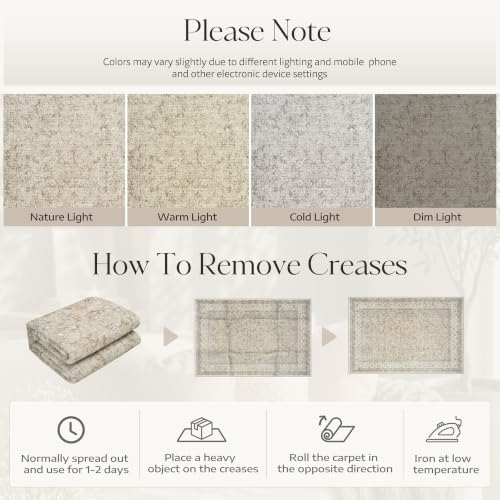Washable 8x10 Area Rugs for Living Room, Vintage Bedroom Neutral Rug, Beige