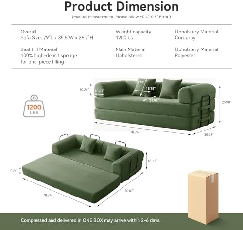 79" Convertible Futon Sofa Bed, Boneless Couch for Living Room (Green)